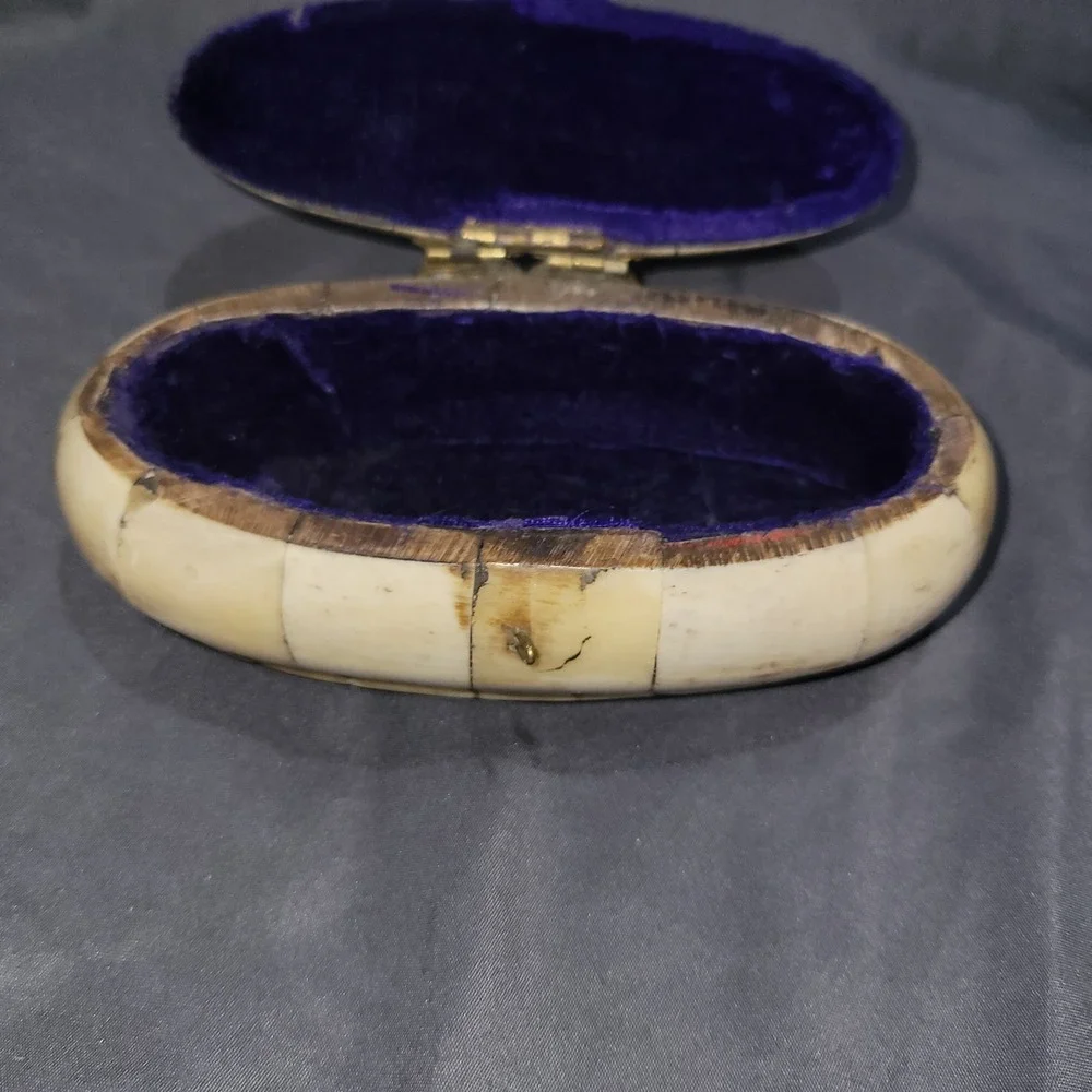 Vtg 60's Bone Inlayed Brass Oval Trinket Jewelry Box Brass Owl Clasp
